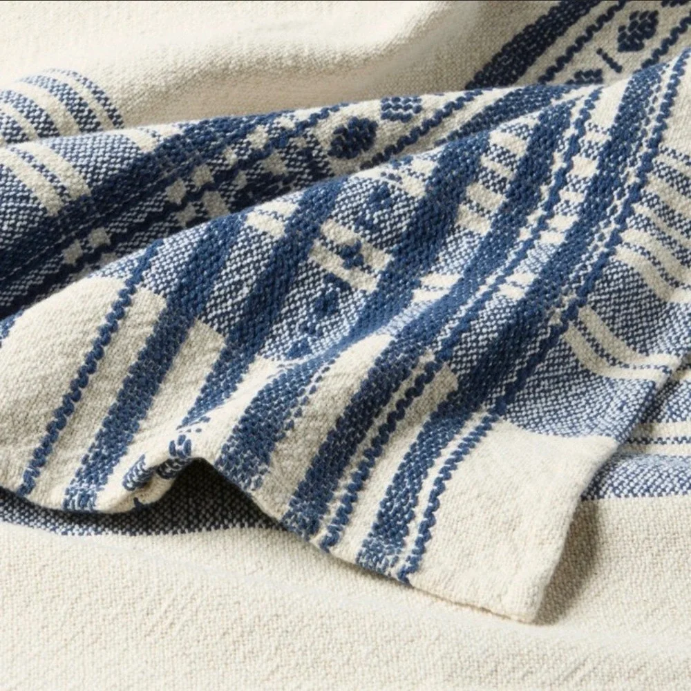 Threshold King Cotton Americana Plaid Blanket Blue Cream Reversible 92x108 NEW